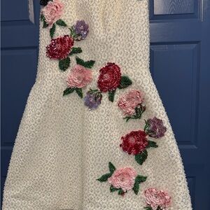 Embellished White Midi Dress with Pink & Red Floral Appliqués